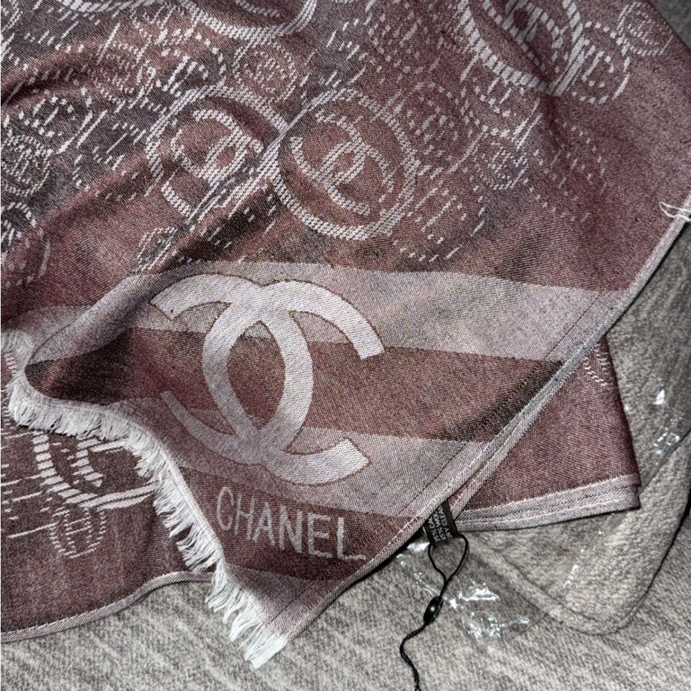Chanel Gray and Brown Logo Scarf